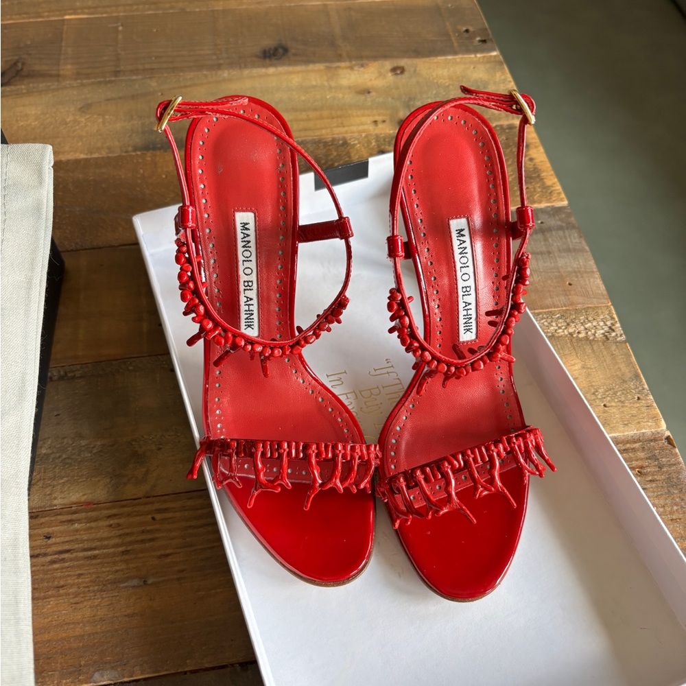 Manolo Blahnik Red Coral Fringe Heels